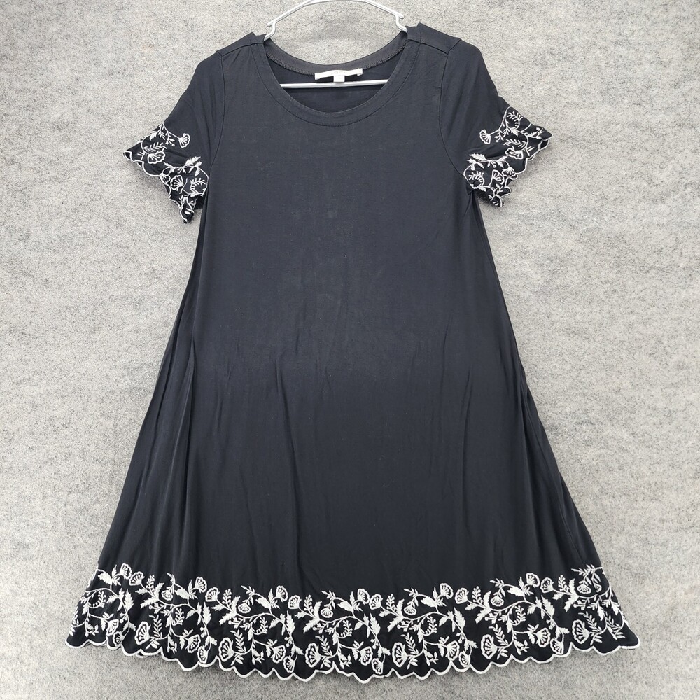 LOFT Dress Womens XS Short Sleeve Black White Floral Embroidery